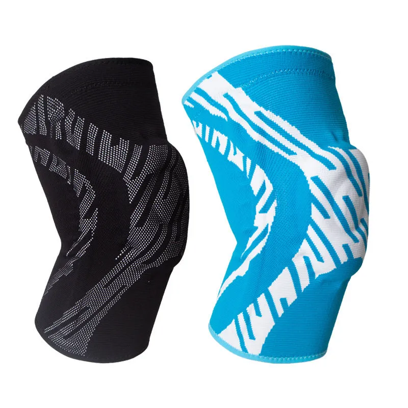 Men's black pressurised basketball knee pad made of nylon, shown on a knee.