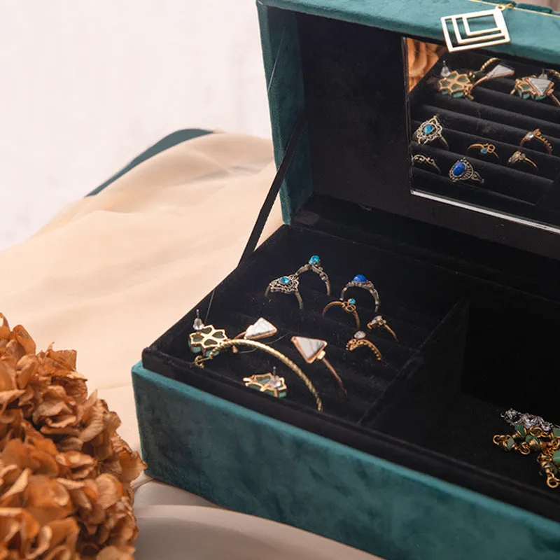 Blue plastic jewellery box with gold flannel interior for desktop storage