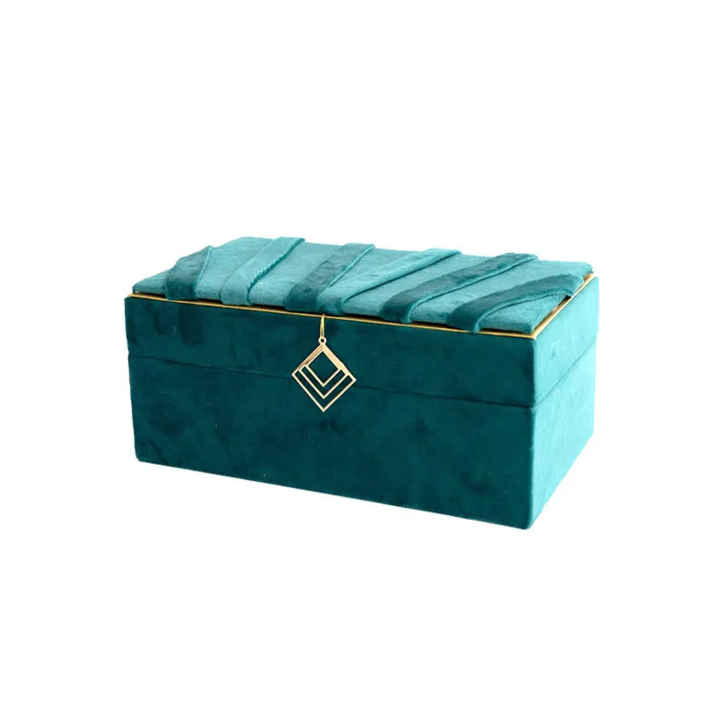 Blue plastic jewellery box with gold flannel interior for desktop storage