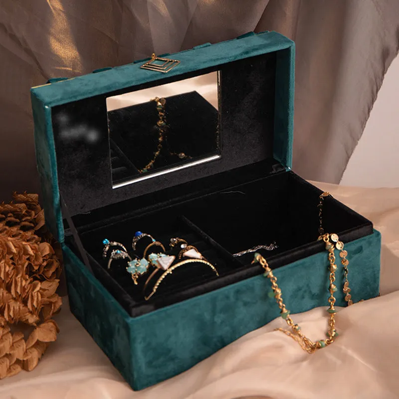 Blue plastic jewellery box with gold flannel interior for desktop storage