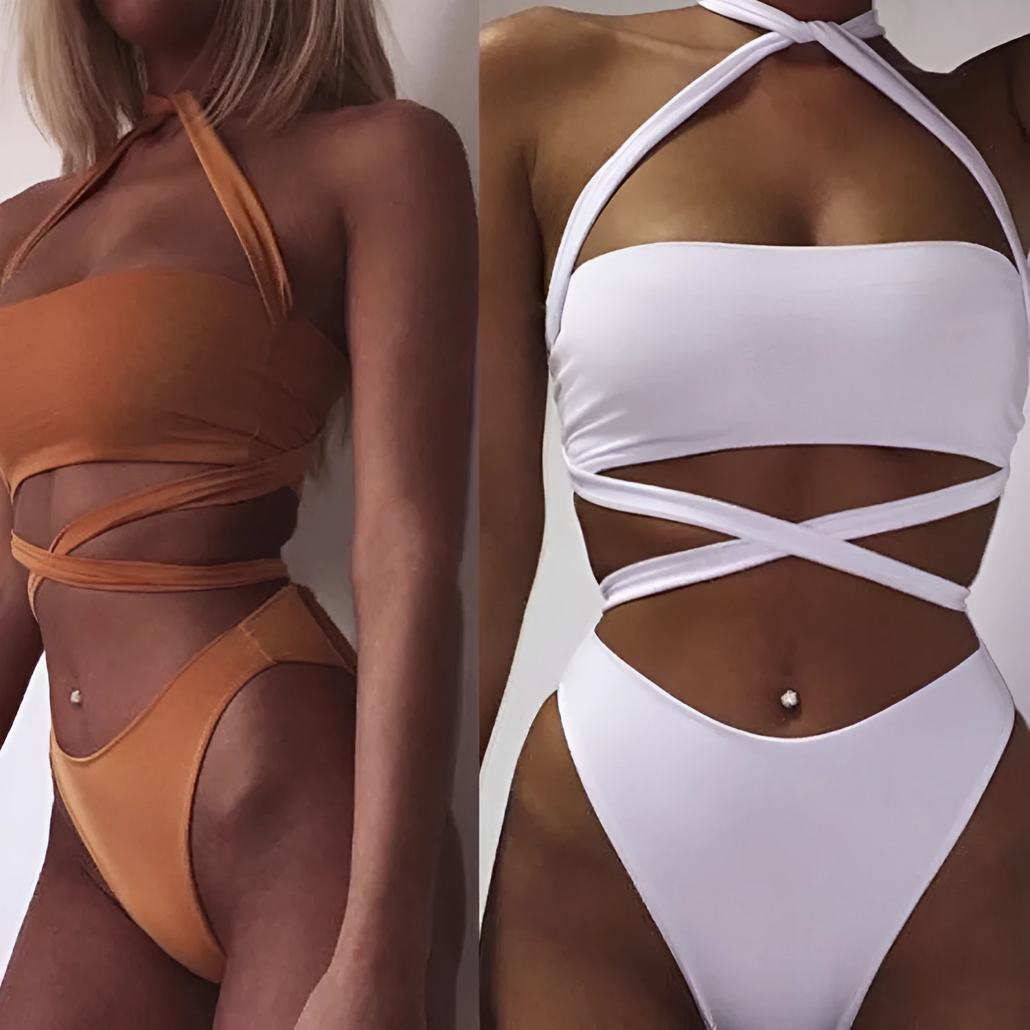 Women's cotton blend two-piece open-back swimsuit in solid colour, quick drying, available in white orange army green sizes S to XL