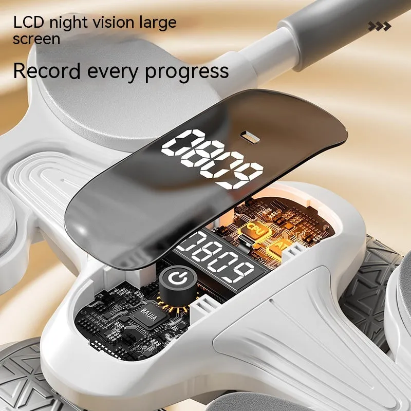 White abdominal exercise roller with LED display screen for timing and calorie counting
