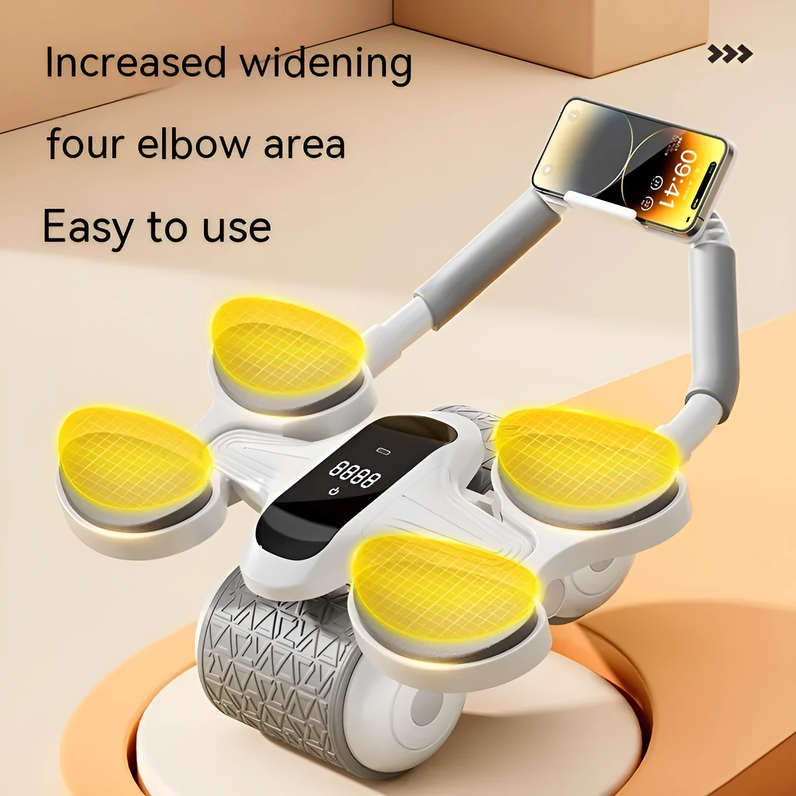White abdominal exercise roller with LED display screen for timing and calorie counting