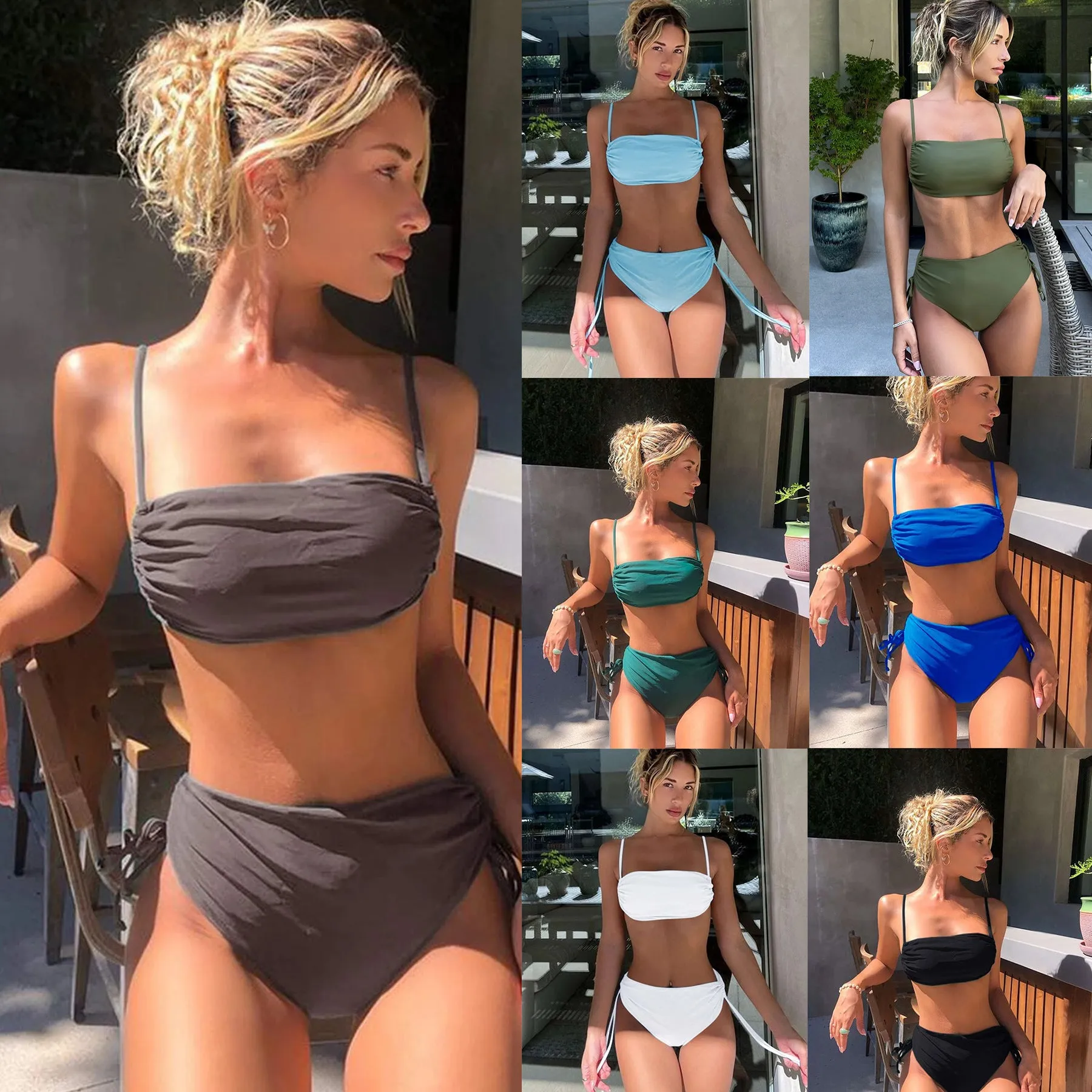 Solid colour nylon bikini two-piece swimsuit set for women, briefs style, available in multiple colours