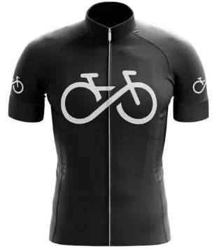 Short-sleeved bib cycling suit for men and women with moisture-wicking fabric, black and blue colour, shown on bicycle