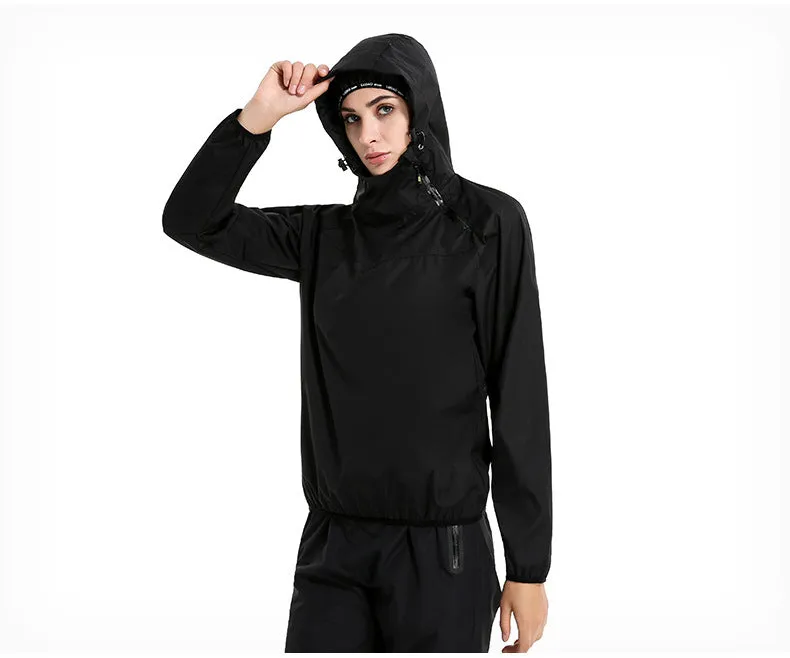 Women's polyester sports suit with black top and tights for running and gym