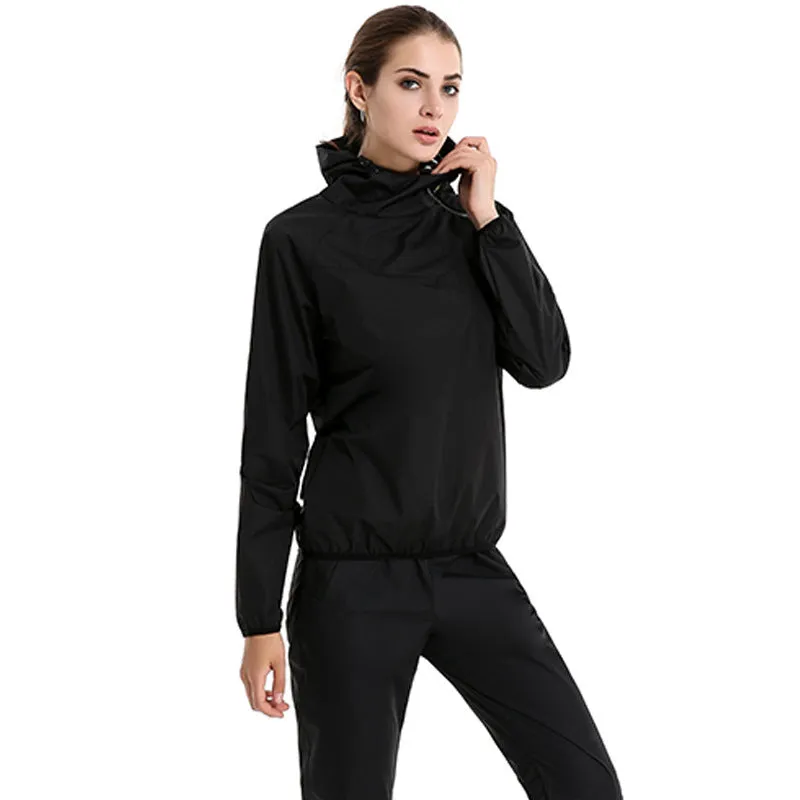 Women's polyester sports suit with black top and tights for running and gym
