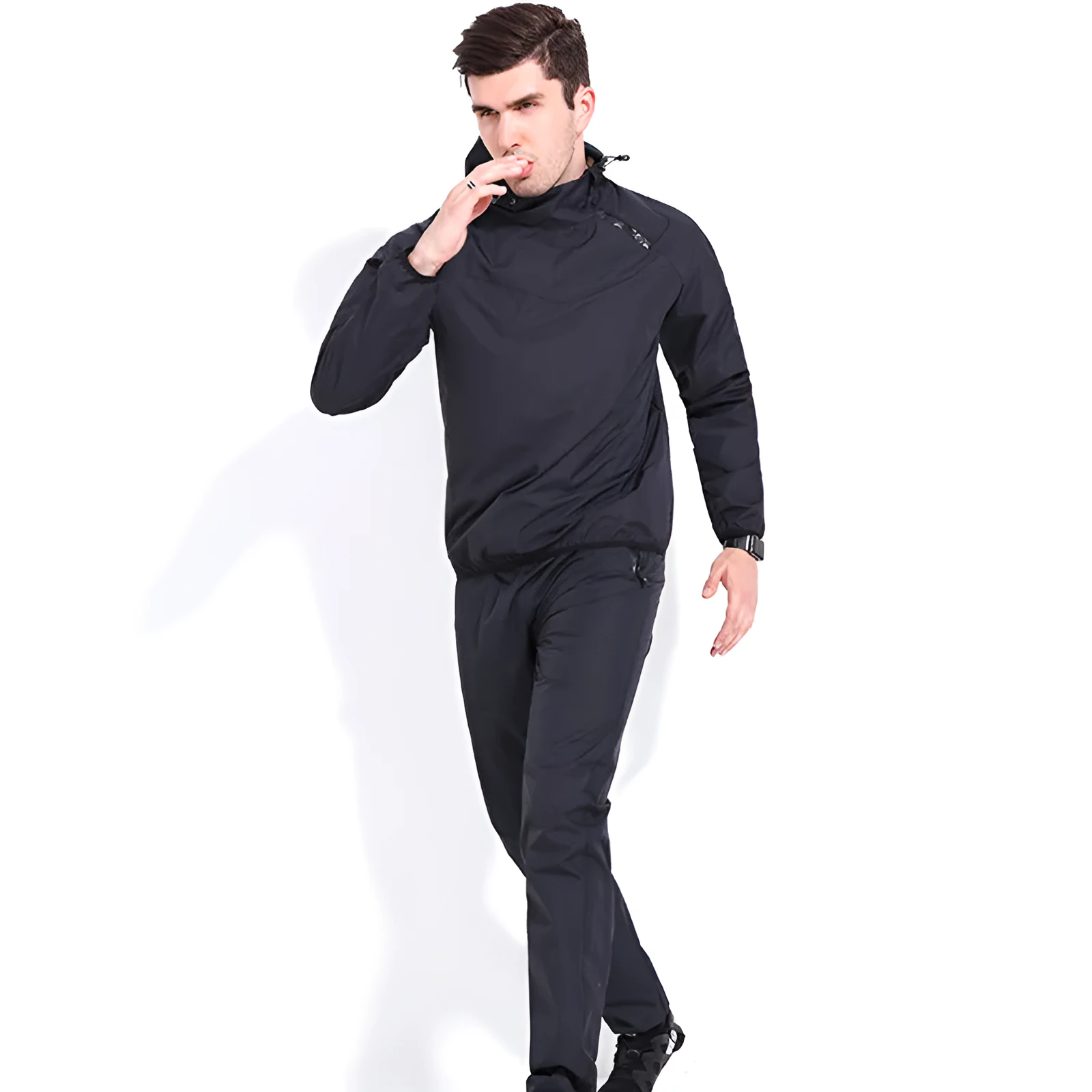 Women's polyester sports suit with black top and tights for running and gym