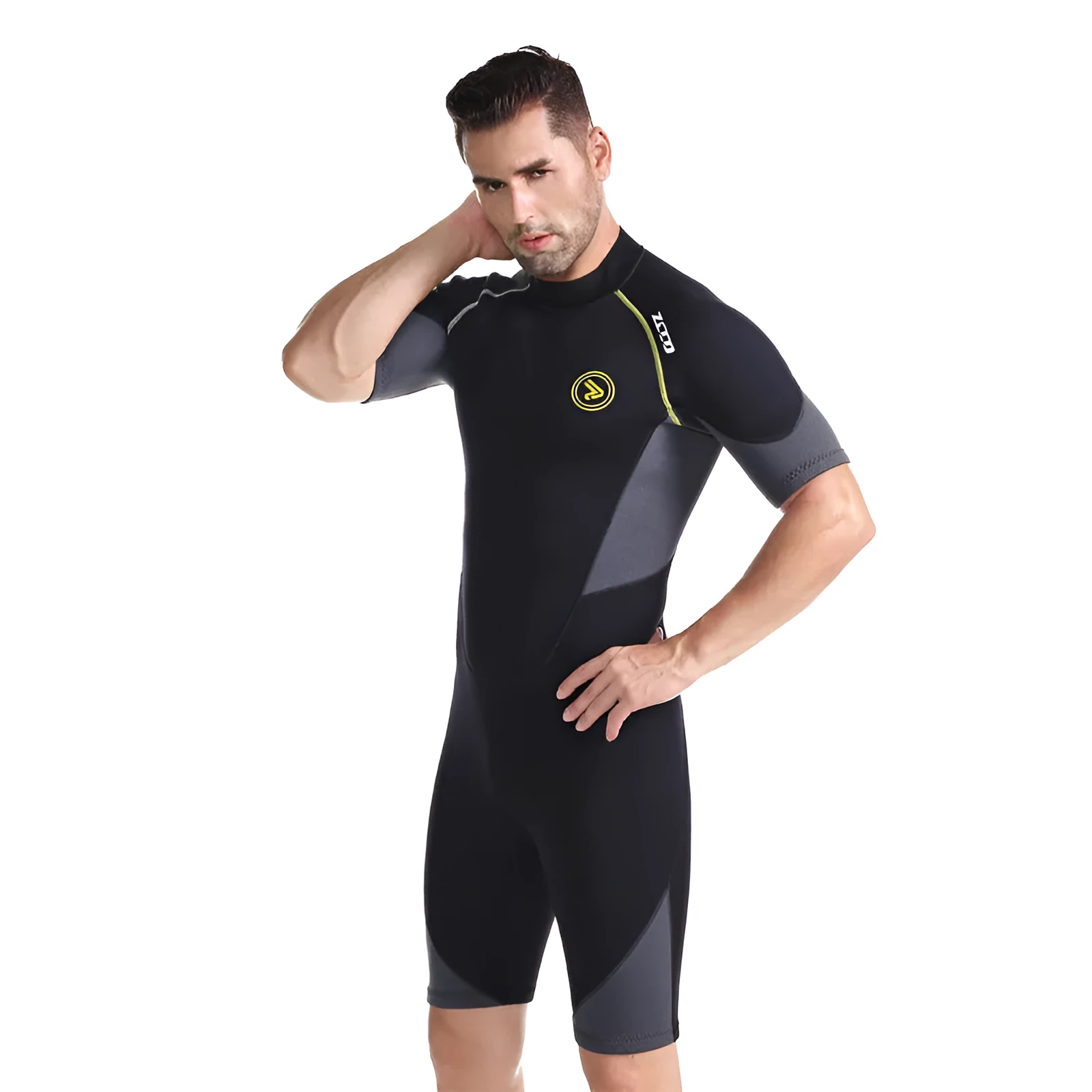 Men's black SCR neoprene short sleeve swim top with round neck and YKK zipper