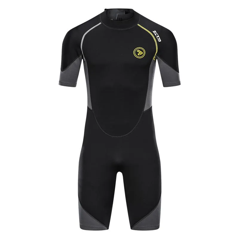 Men's black SCR neoprene short sleeve swim top with round neck and YKK zipper