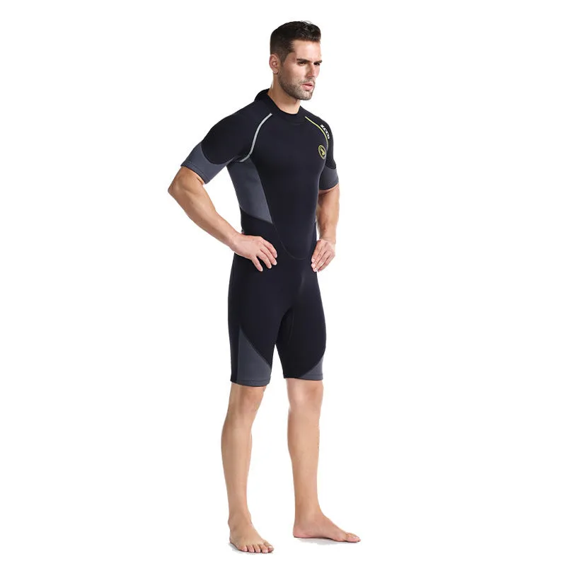 Men's black SCR neoprene short sleeve swim top with round neck and YKK zipper