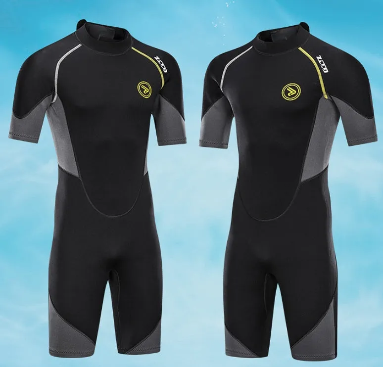 Men's black SCR neoprene short sleeve swim top with round neck and YKK zipper