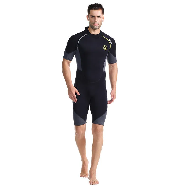 Men's black SCR neoprene short sleeve swim top with round neck and YKK zipper