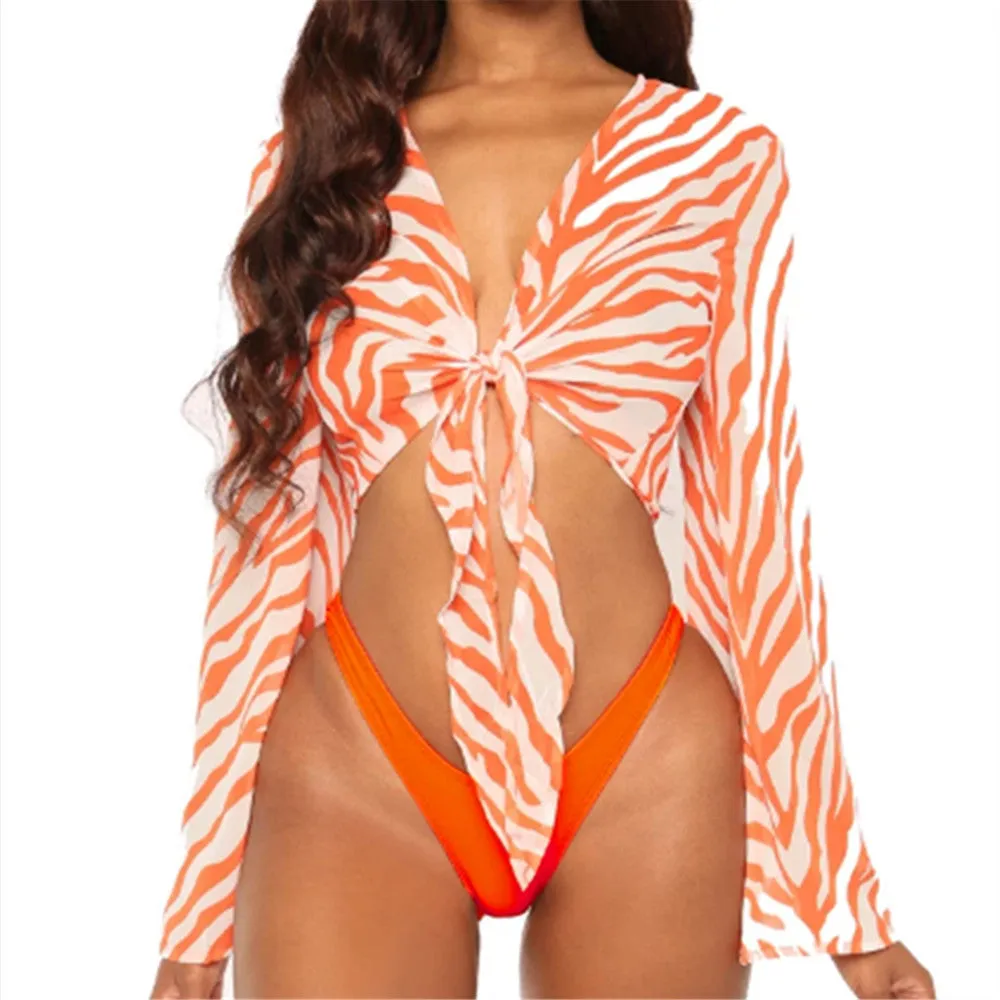 Three-piece nylon mesh bikini set in red plain colour with top, bottom, and blouse for women