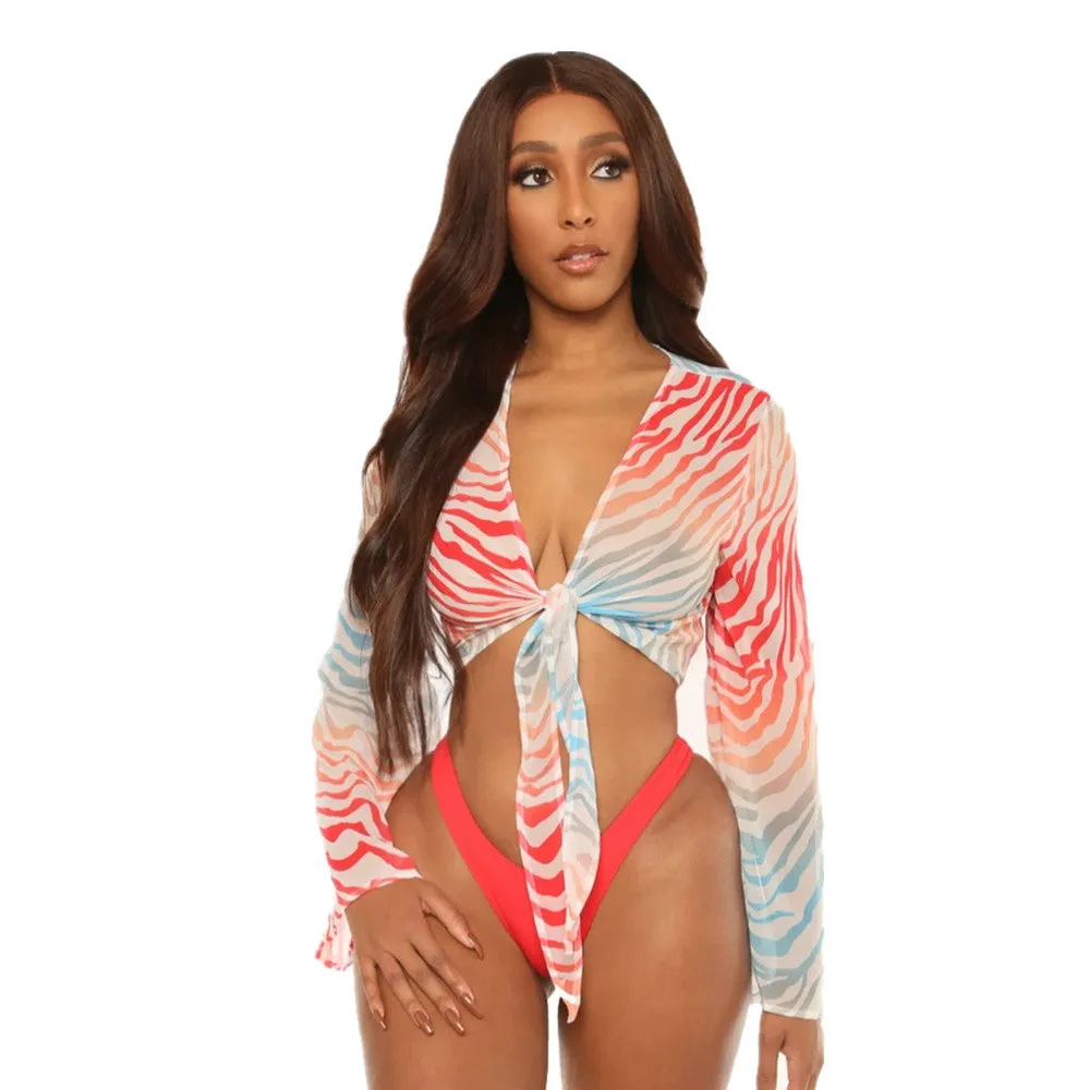 Three-piece nylon mesh bikini set in red plain colour with top, bottom, and blouse for women