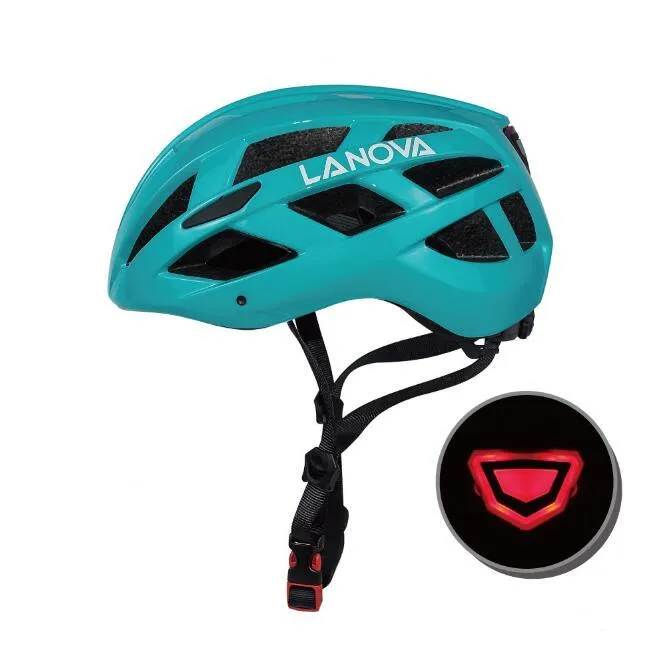 Unisex one-piece bicycle helmet with warning light, PC EPS construction, 23 air vents, matte black finish