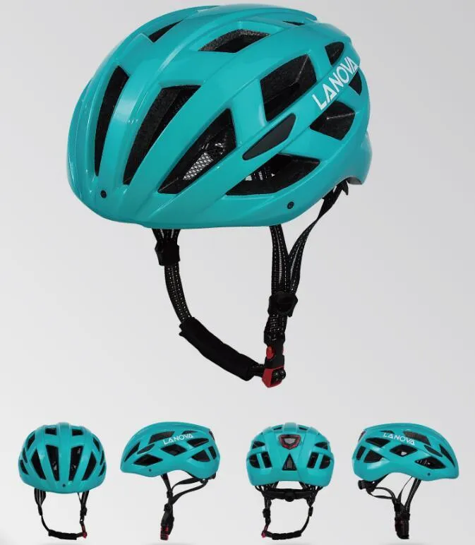 Unisex one-piece bicycle helmet with warning light, PC EPS construction, 23 air vents, matte black finish