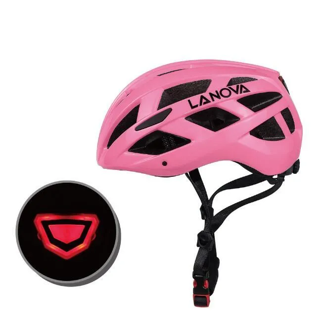 Unisex one-piece bicycle helmet with warning light, PC EPS construction, 23 air vents, matte black finish