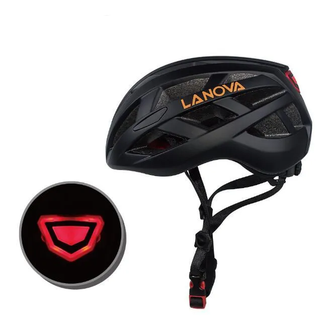Unisex one-piece bicycle helmet with warning light, PC EPS construction, 23 air vents, matte black finish