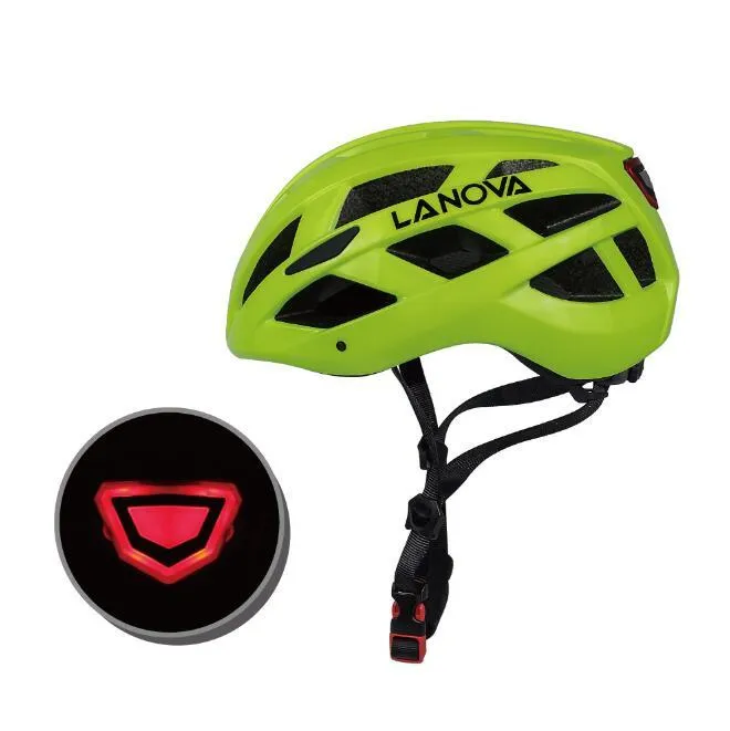 Unisex one-piece bicycle helmet with warning light, PC EPS construction, 23 air vents, matte black finish
