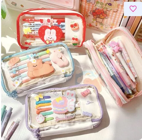 Transparent heart-shaped pen bag with rabbit pattern design in pink and red colour options