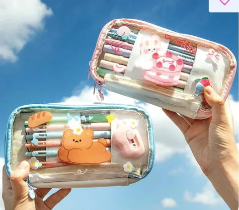 Transparent heart-shaped pen bag with rabbit pattern design in pink and red colour options