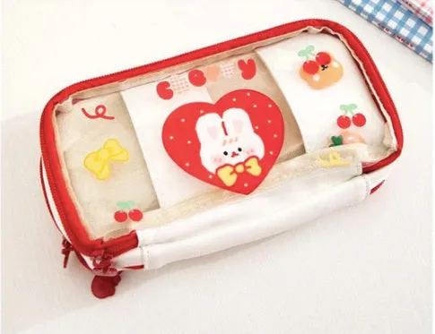 Transparent heart-shaped pen bag with rabbit pattern design in pink and red colour options