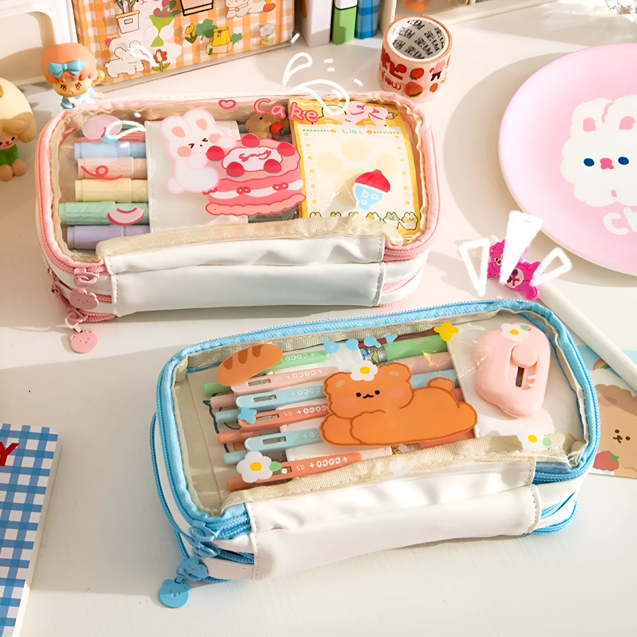 Transparent heart-shaped pen bag with rabbit pattern design in pink and red colour options