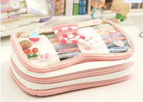 Transparent heart-shaped pen bag with rabbit pattern design in pink and red colour options
