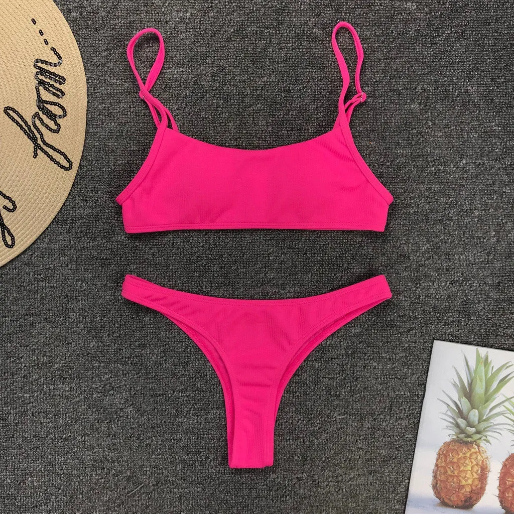 Fluorescent solid split bikini swimsuit in green, wine red, or yellow with built-in breast pad