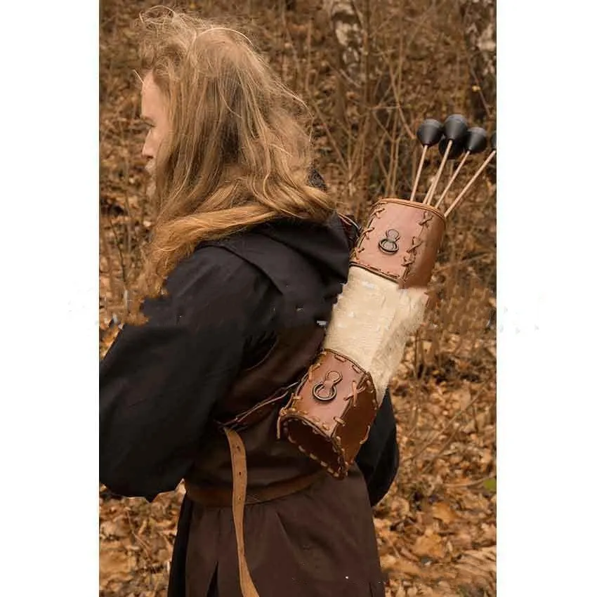 Warrior hand woven PU skin spliced quiver in brown with stitching pattern for archery