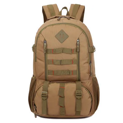 50L camouflage outdoor mountaineering backpack with Oxford cloth construction on rocky terrain