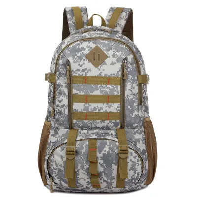 50L camouflage outdoor mountaineering backpack with Oxford cloth construction on rocky terrain
