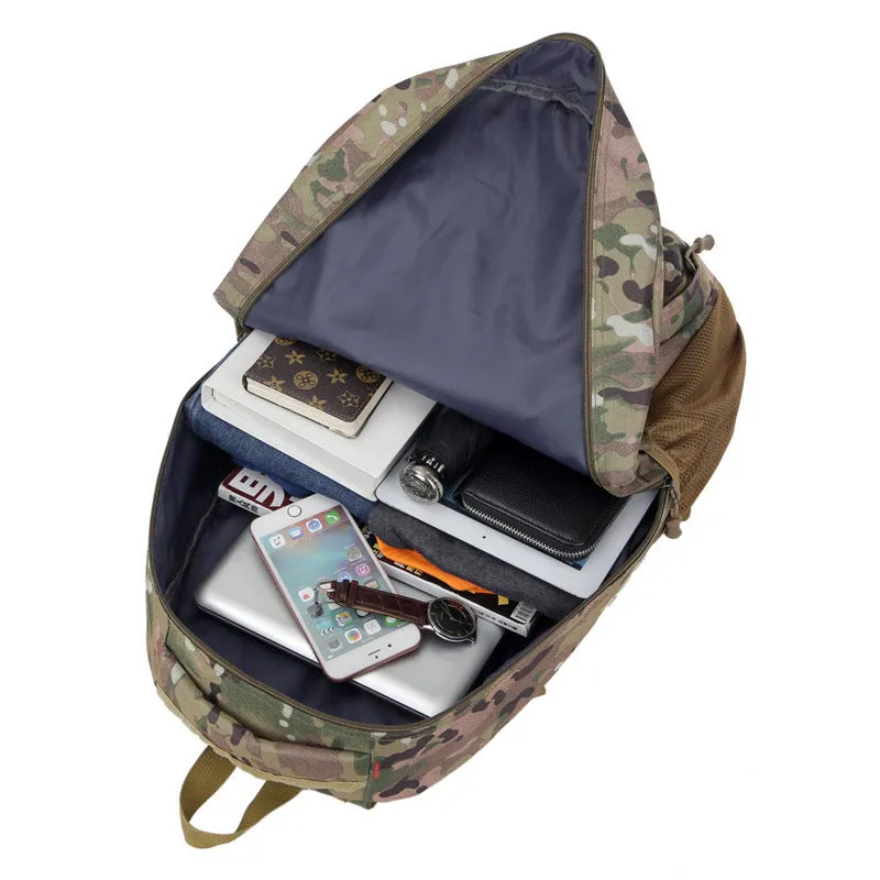 50L camouflage outdoor mountaineering backpack with Oxford cloth construction on rocky terrain
