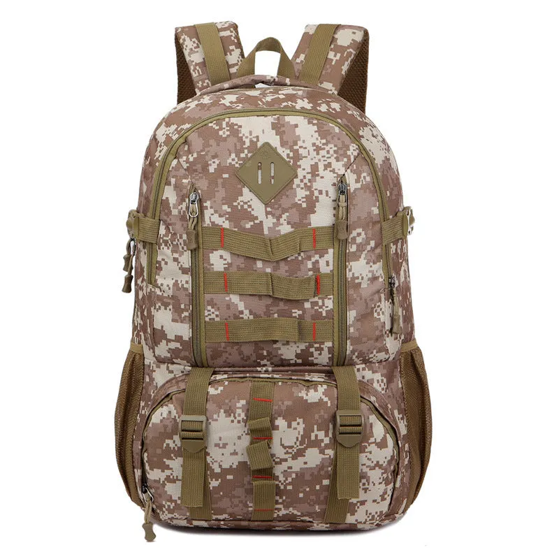 50L camouflage outdoor mountaineering backpack with Oxford cloth construction on rocky terrain