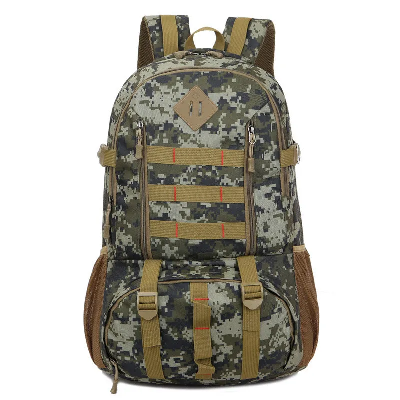 50L camouflage outdoor mountaineering backpack with Oxford cloth construction on rocky terrain