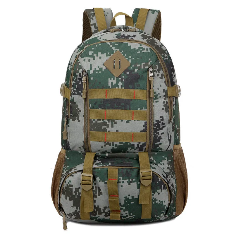 50L camouflage outdoor mountaineering backpack with Oxford cloth construction on rocky terrain