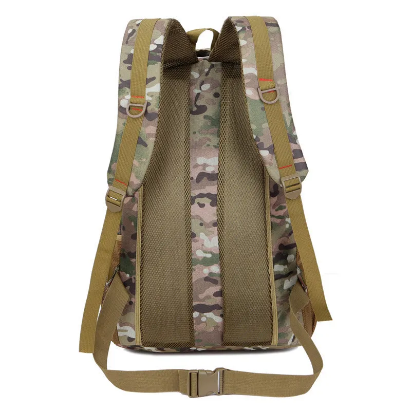50L camouflage outdoor mountaineering backpack with Oxford cloth construction on rocky terrain