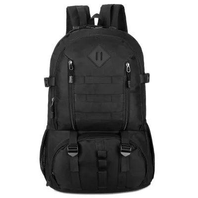 50L camouflage outdoor mountaineering backpack with Oxford cloth construction on rocky terrain