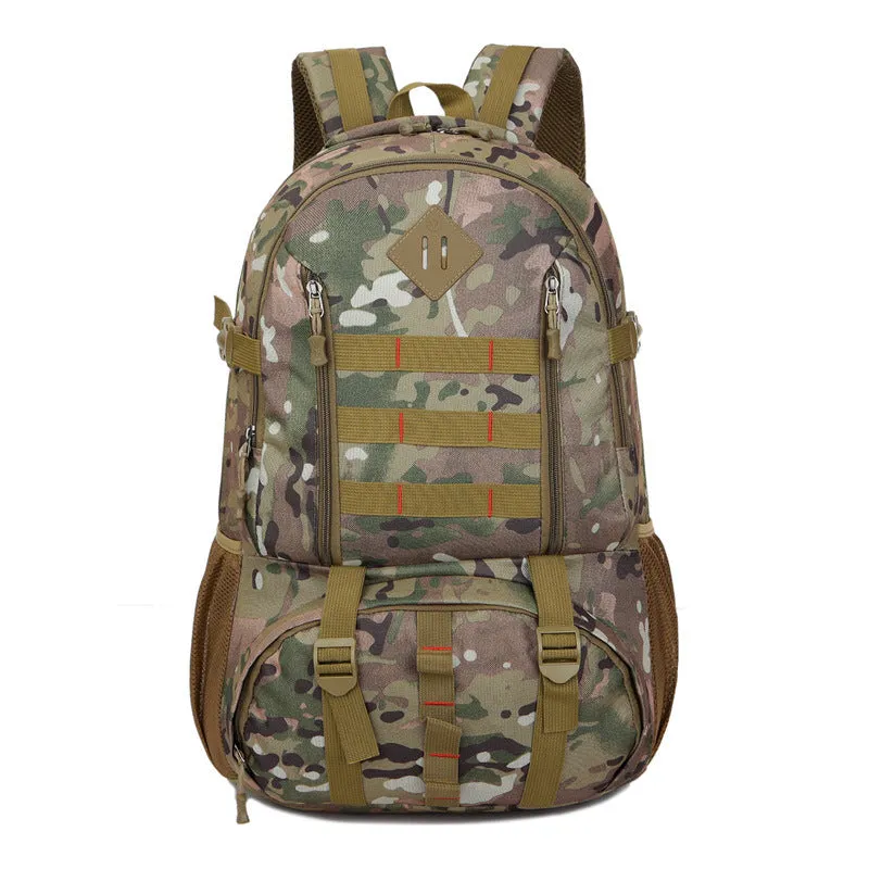 50L camouflage outdoor mountaineering backpack with Oxford cloth construction on rocky terrain