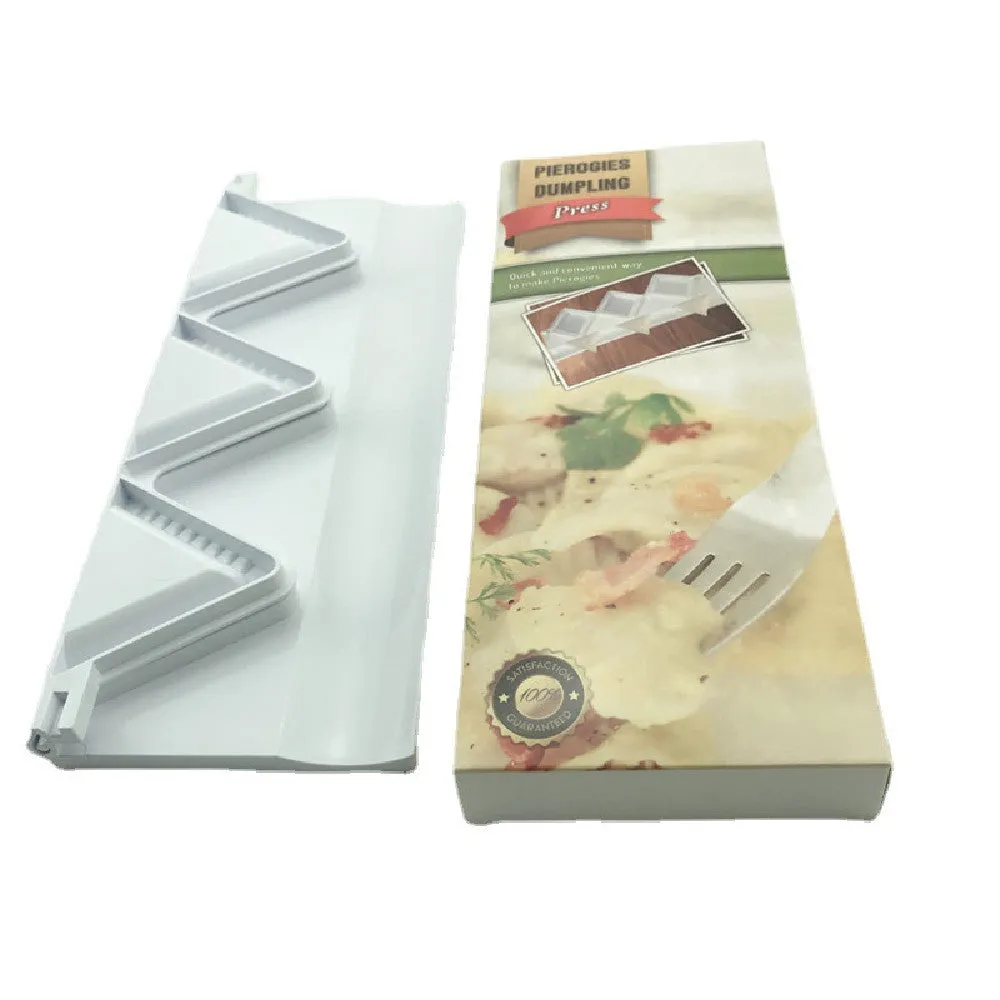 Pure white plastic dumpling maker 28.5cm length on a kitchen counter