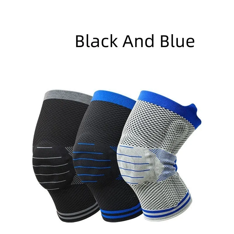 Silicone massage spring bar shock absorber knee protector in black and blue colour on leg.