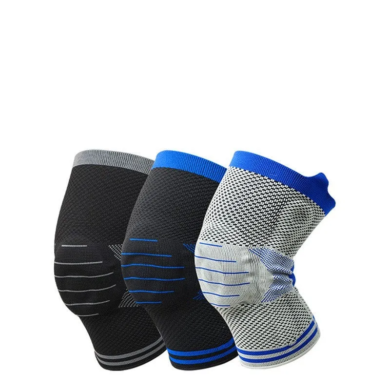 Silicone massage spring bar shock absorber knee protector in black and blue colour on leg.