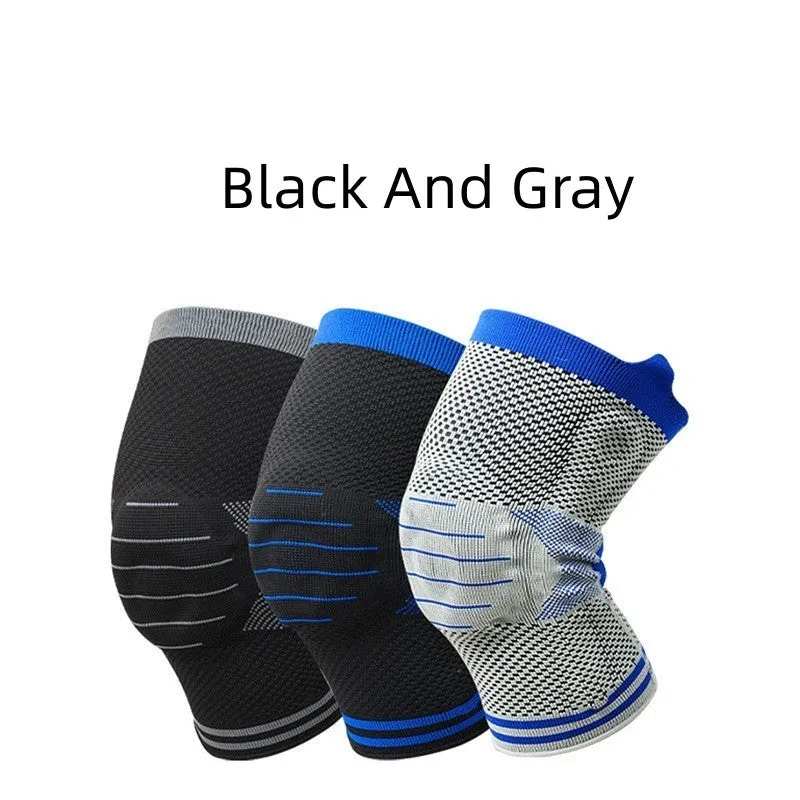 Silicone massage spring bar shock absorber knee protector in black and blue colour on leg.