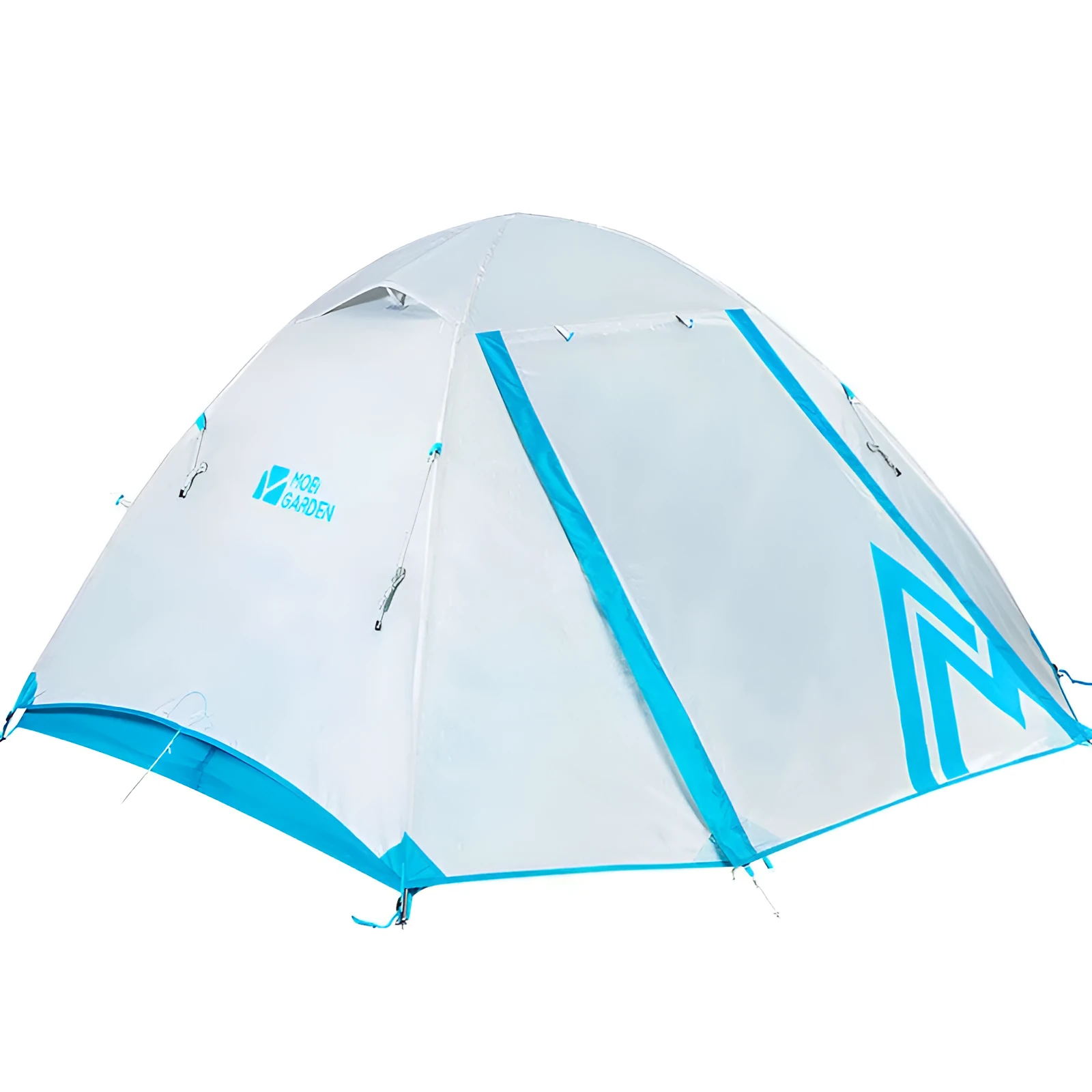Double deck aluminum alloy camping tent in green, pitched outdoors with flysheet and aluminium poles visible