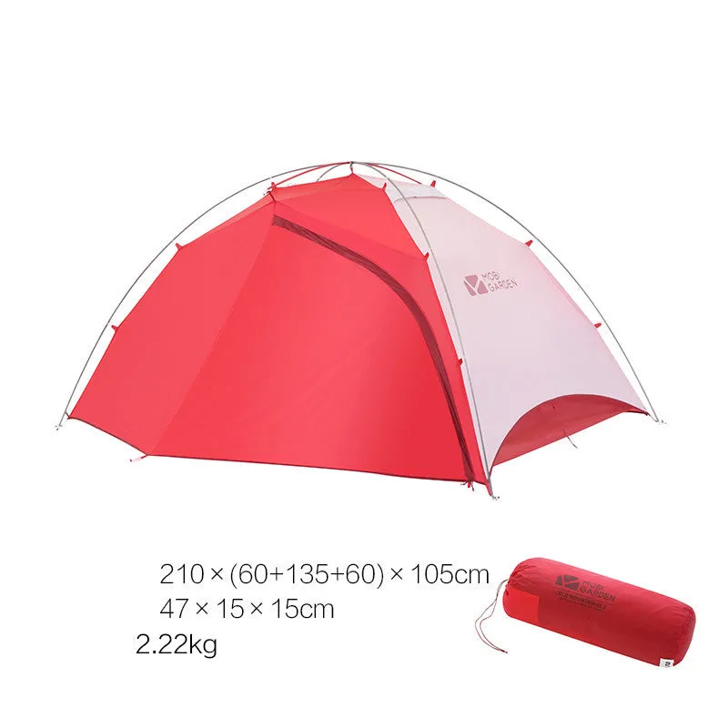 Double deck aluminum alloy camping tent in green, pitched outdoors with flysheet and aluminium poles visible