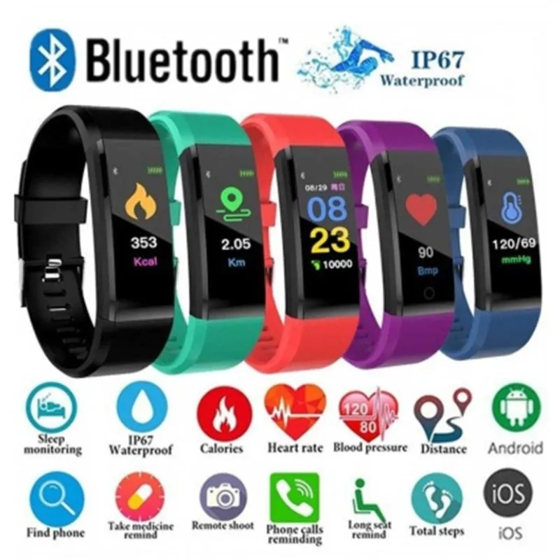 Screen Smart Wristband 115plus fitness tracker with colour LED touch screen on wrist showing heart rate