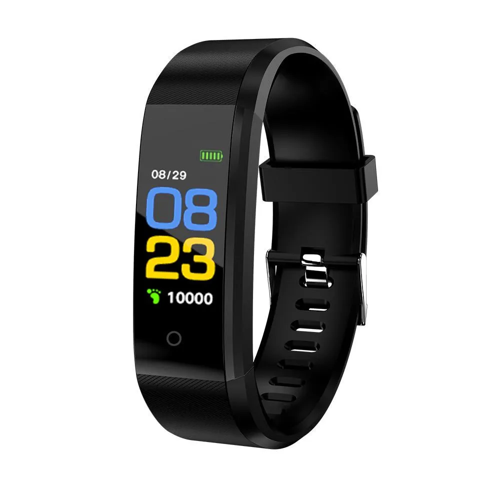 Screen Smart Wristband 115plus fitness tracker with colour LED touch screen on wrist showing heart rate