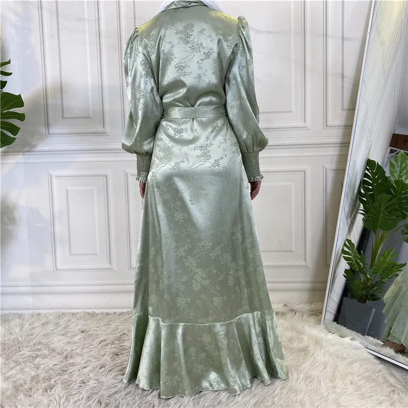 Women's patchwork satin Muslim dress in green with printing pattern and collage stitching