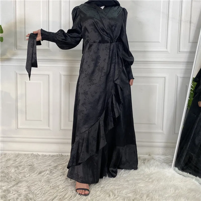 Women's patchwork satin Muslim dress in green with printing pattern and collage stitching